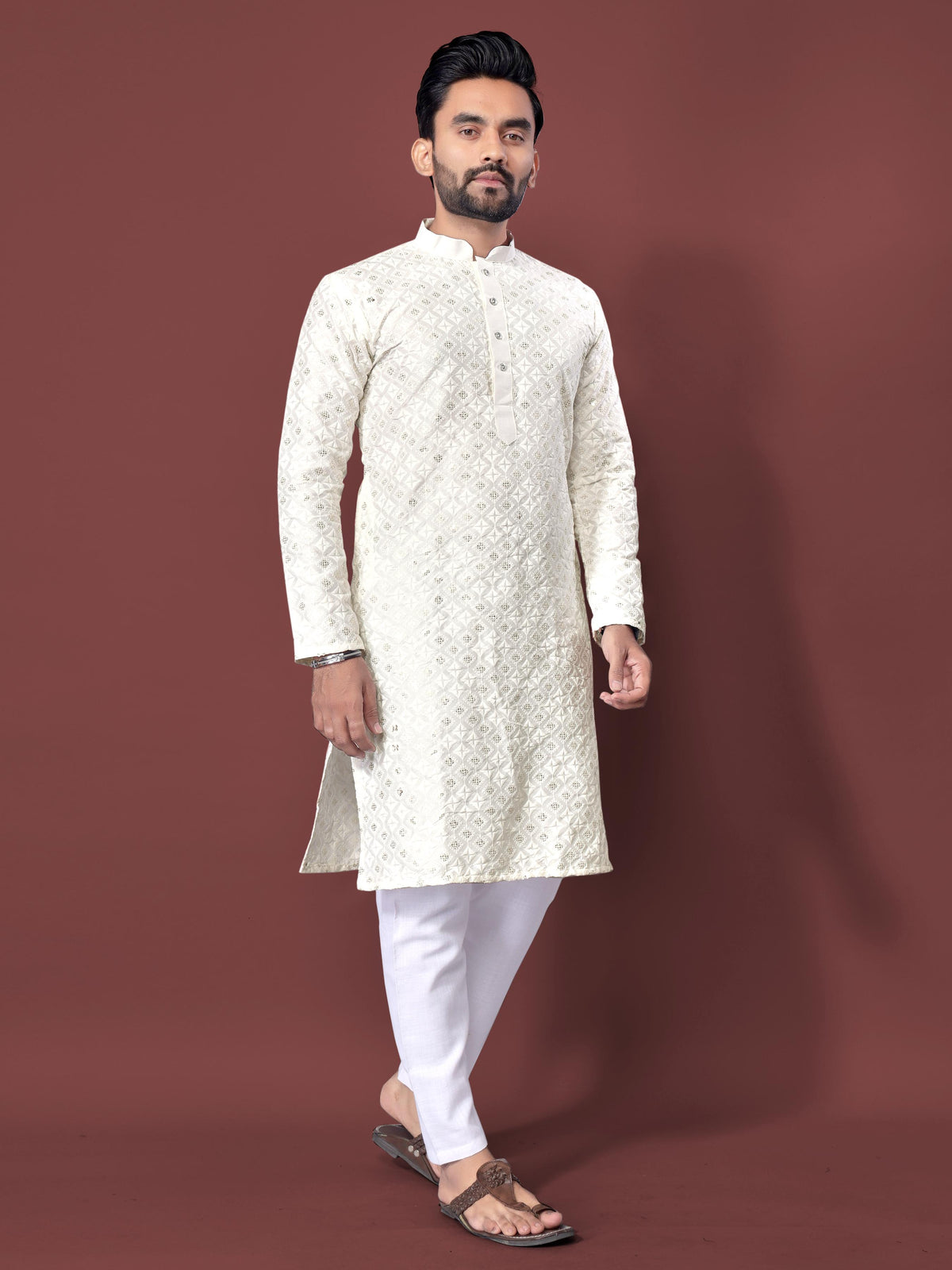 Neera Trendz White Soft Silk Embroidered Men's Kurta Pyjama | Grocsy
