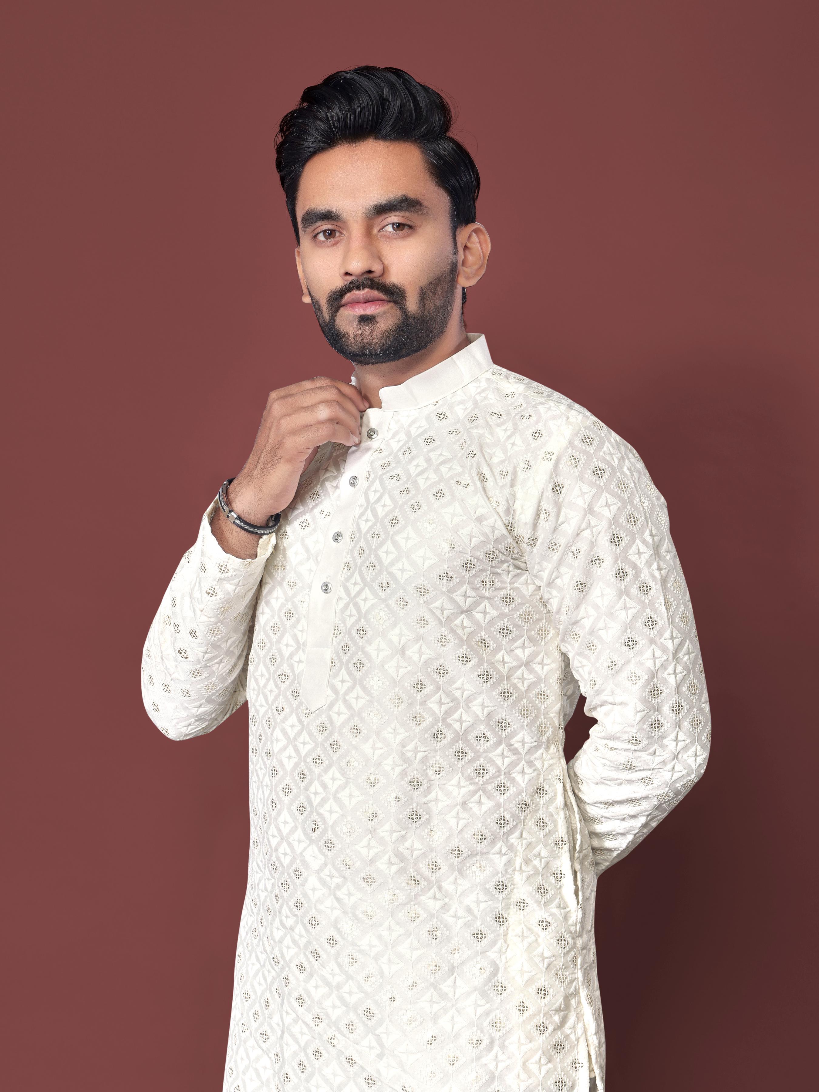 Neera Trendz White Soft Silk Embroidered Men's Kurta Pyjama | Grocsy