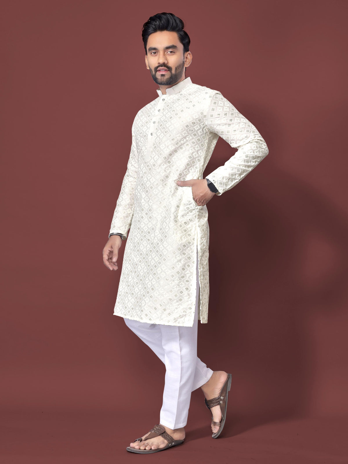 Neera Trendz White Soft Silk Embroidered Men's Kurta Pyjama | Grocsy