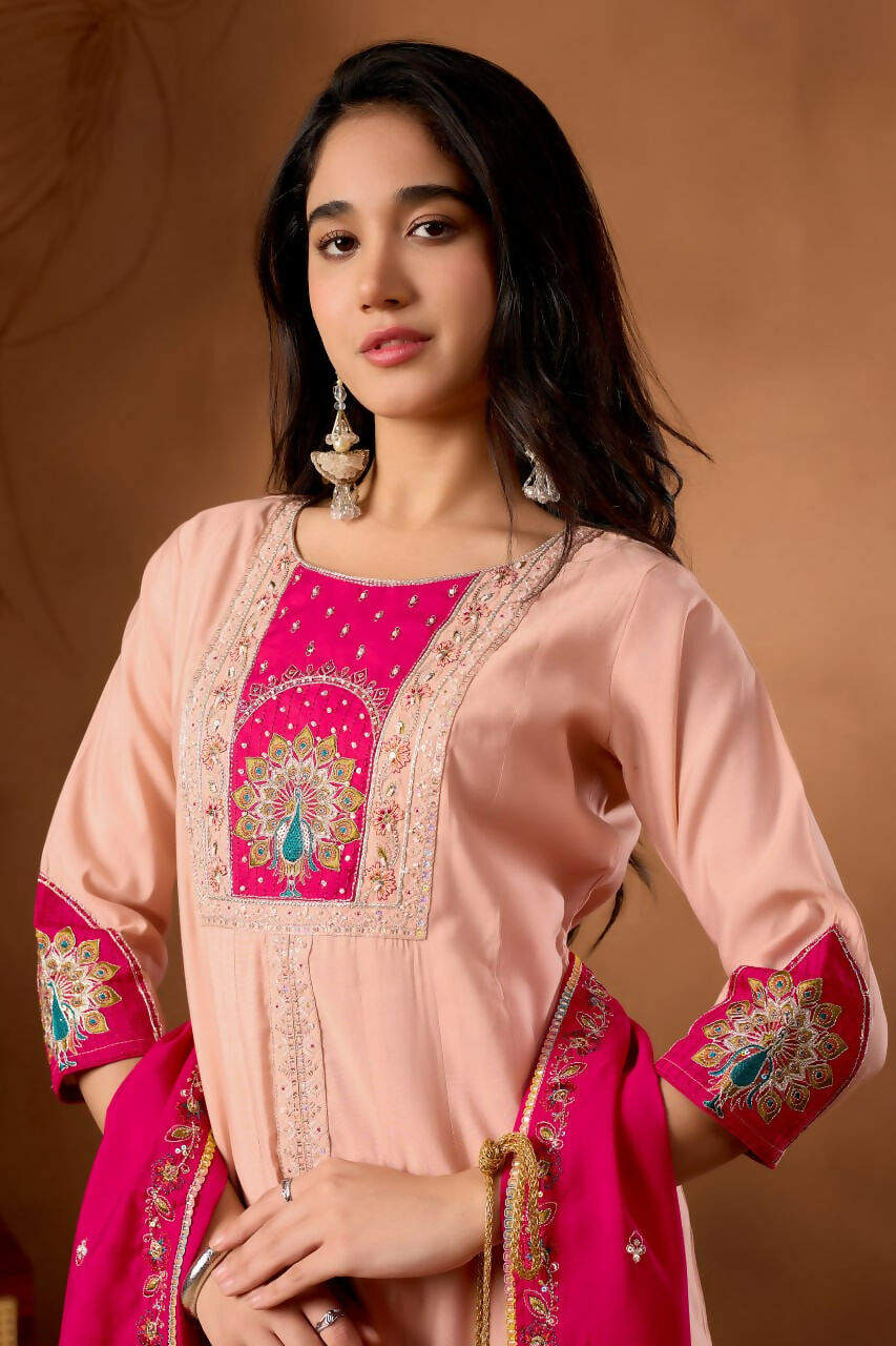 Lehenga Mart Designer Front-Slit Kurta, Paired With Wide-Leg Palazzo Pants And A Dupatta.-Peach | Grocsy