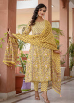 Kaajh Women's Yellow Floral Embroidered Cotton Kurta Pant Set With Dupatta | Grocsy