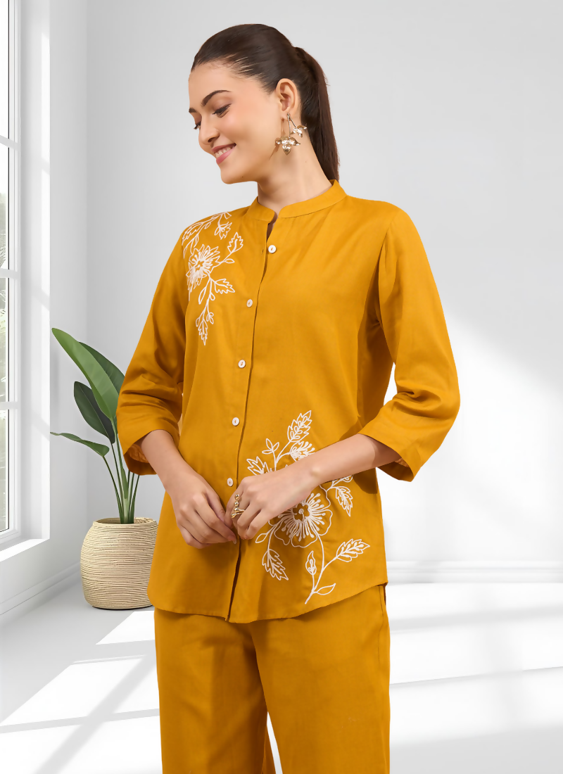 Joban Fashion Mustard Cotton, Linen Embroidered Readymade Cord Set | Grocsy