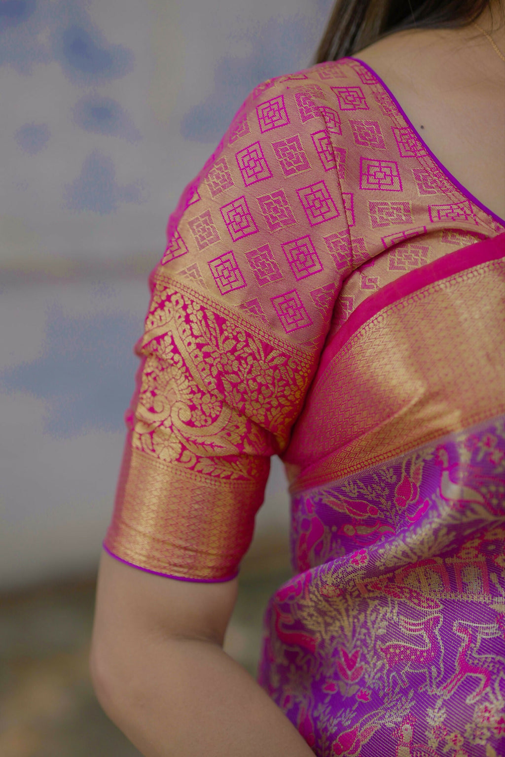 Prime Volt Royal Bridal Kanjivaram Silk Saree with Zari Weaving & Contrast Pink Pallu-Purple | Grocsy