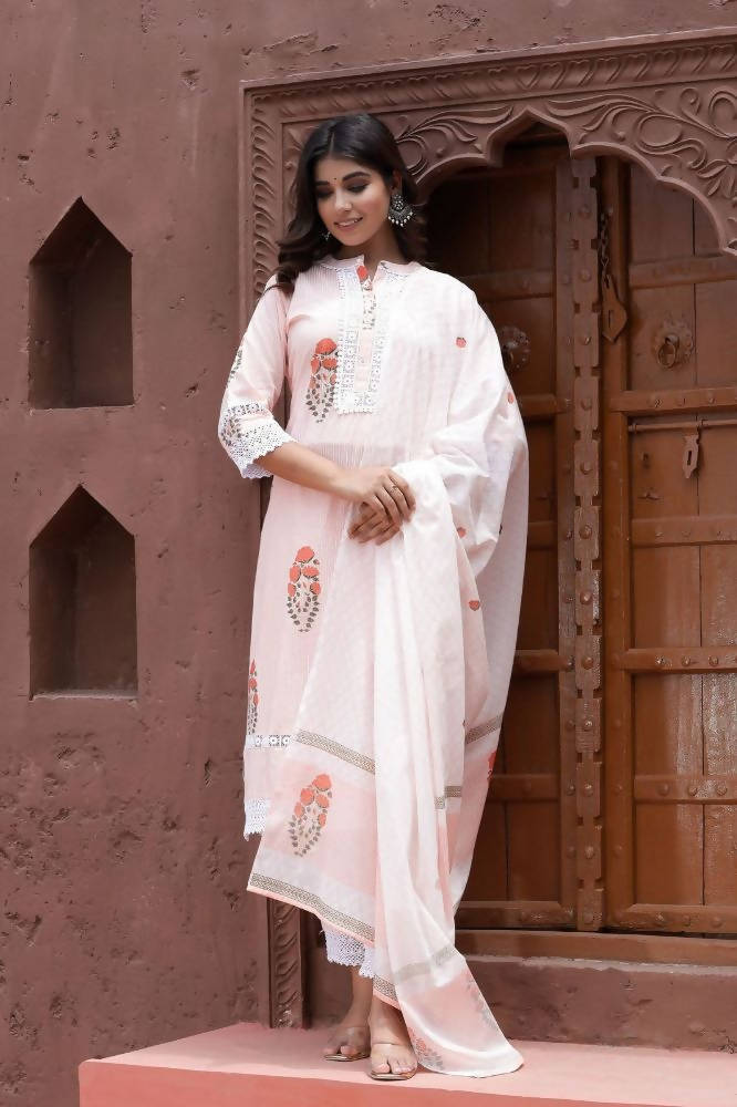 Yufta Peach Printed Dupatta Set | Grocsy