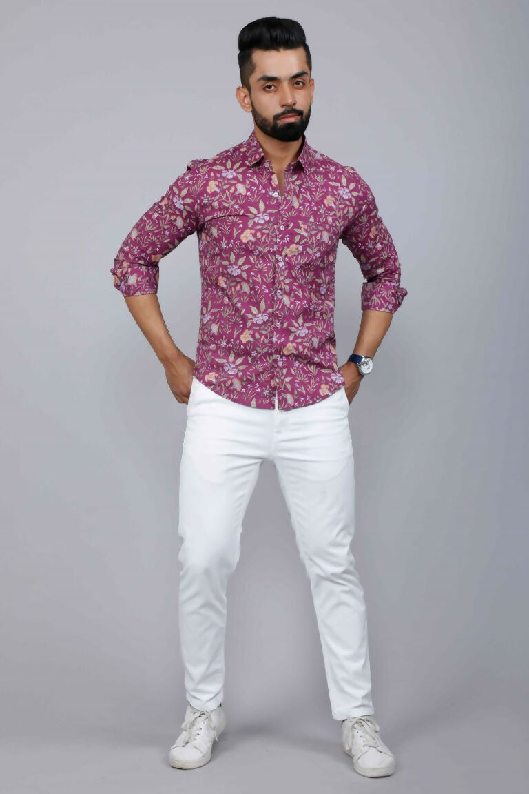 Miravan Men's Purple Comfort Foral Printed Casual Cotton Shirt | Grocsy
