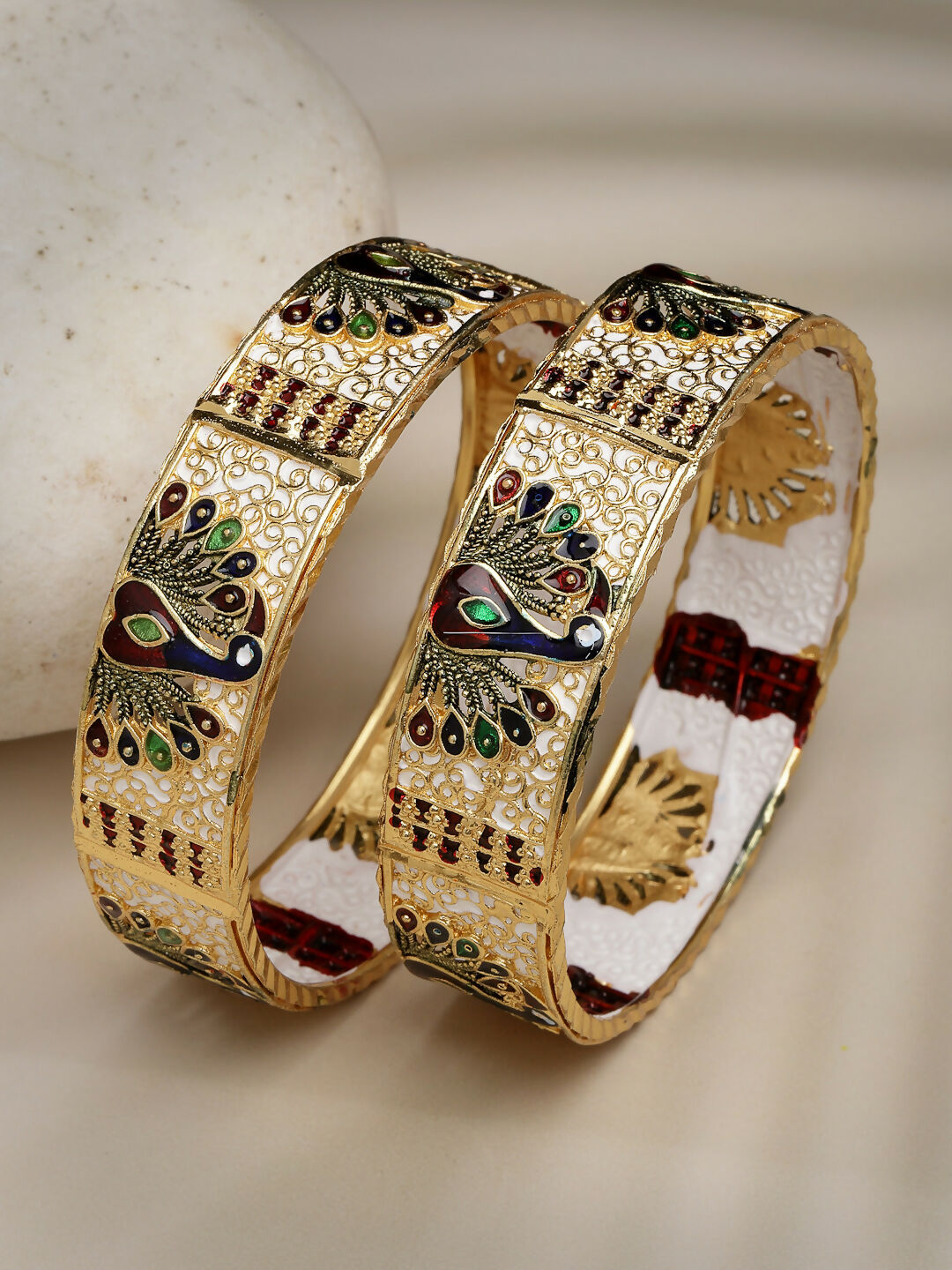 NVR Women's Set of 2 Gold-Polished Peacock Design Meenakari Handcrafted Bangles