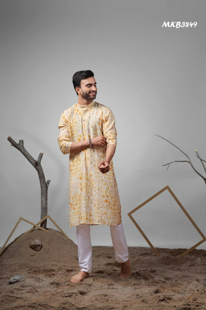 Yellow Modal Silk Designer Printed Kurta Set - Mahotsav | Grocsy