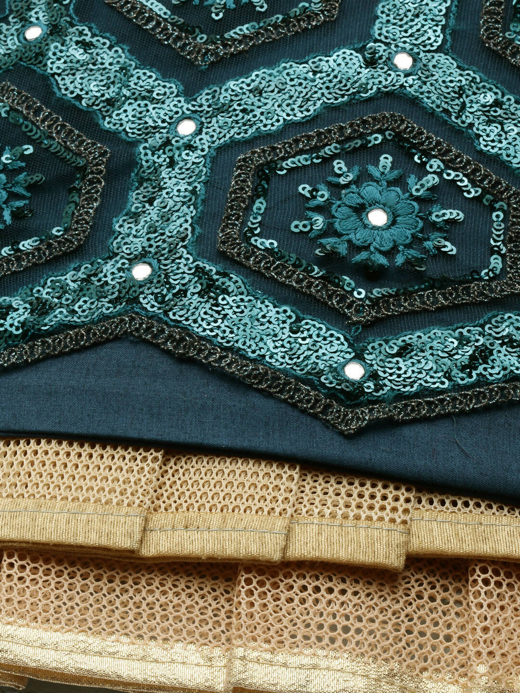House of Panchhi Women Teal Net Embroidered Sequins Lehenga & Blouse with Dupatta | Grocsy
