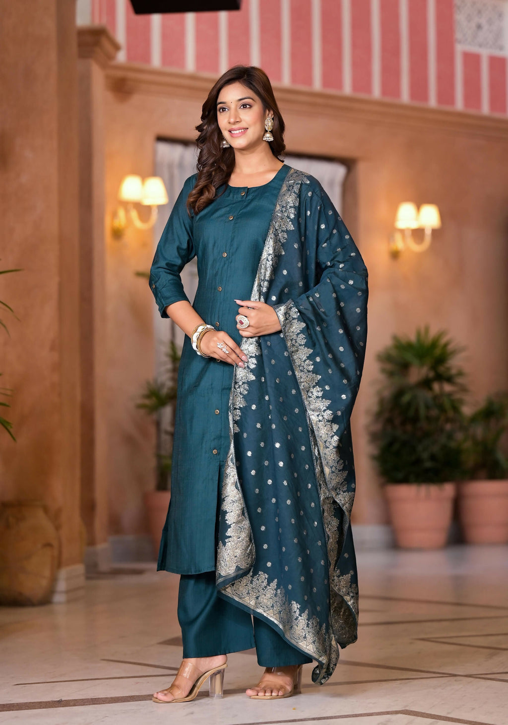 Juniper Women's Bottle Green Zari Embroidered Cotton Kurta Set With Button Closure | Grocsy
