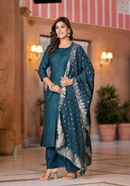 Juniper Women's Bottle Green Zari Embroidered Cotton Kurta Set With Button Closure | Grocsy