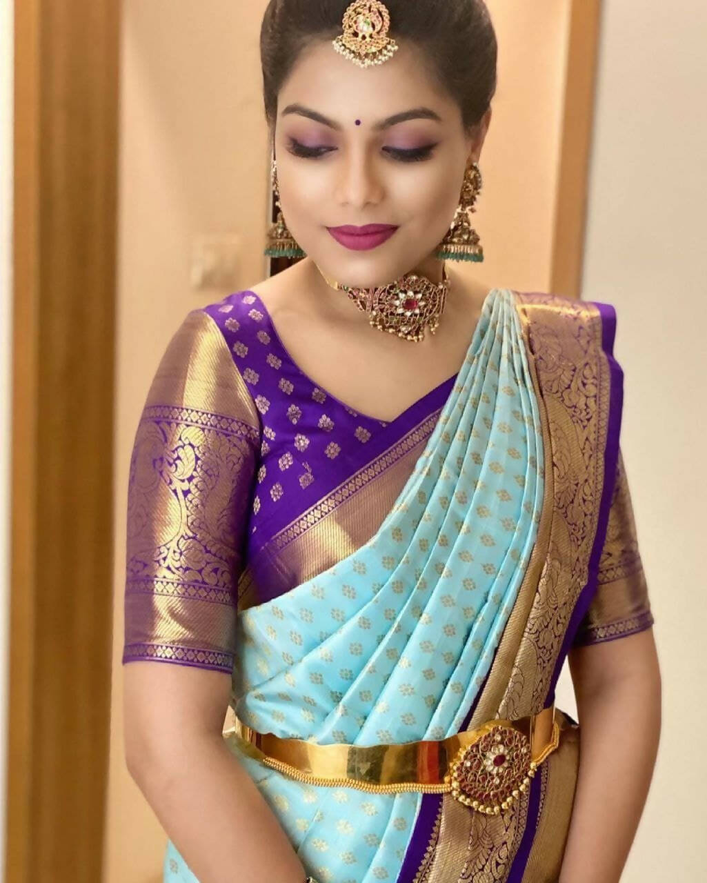 DEIANA'S Beautiful Designer Golden zari Soft Lichi Silk Saree - Sky | Grocsy