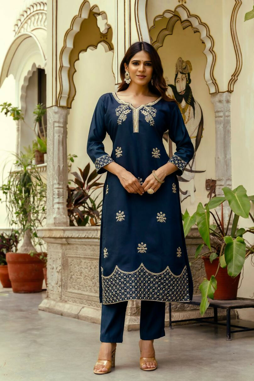 The52 Navy Blue Women's Beautiful Viscose Chanderi Fabric Thread Work Straight Kurta Pant and Dupatta Set | Grocsy