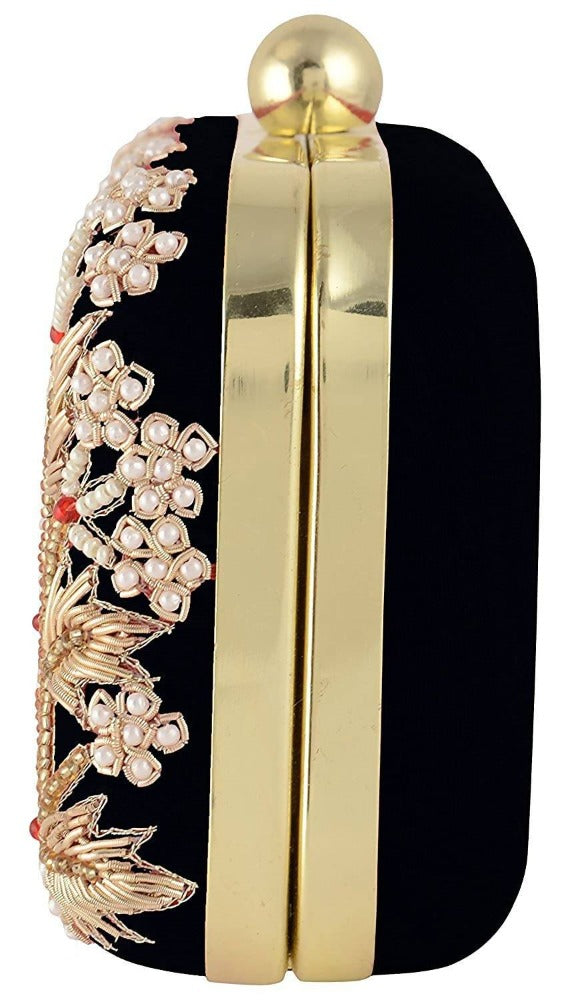 Jaishri Handicrafts Pearl Floral Clutch Carbon Black | Grocsy