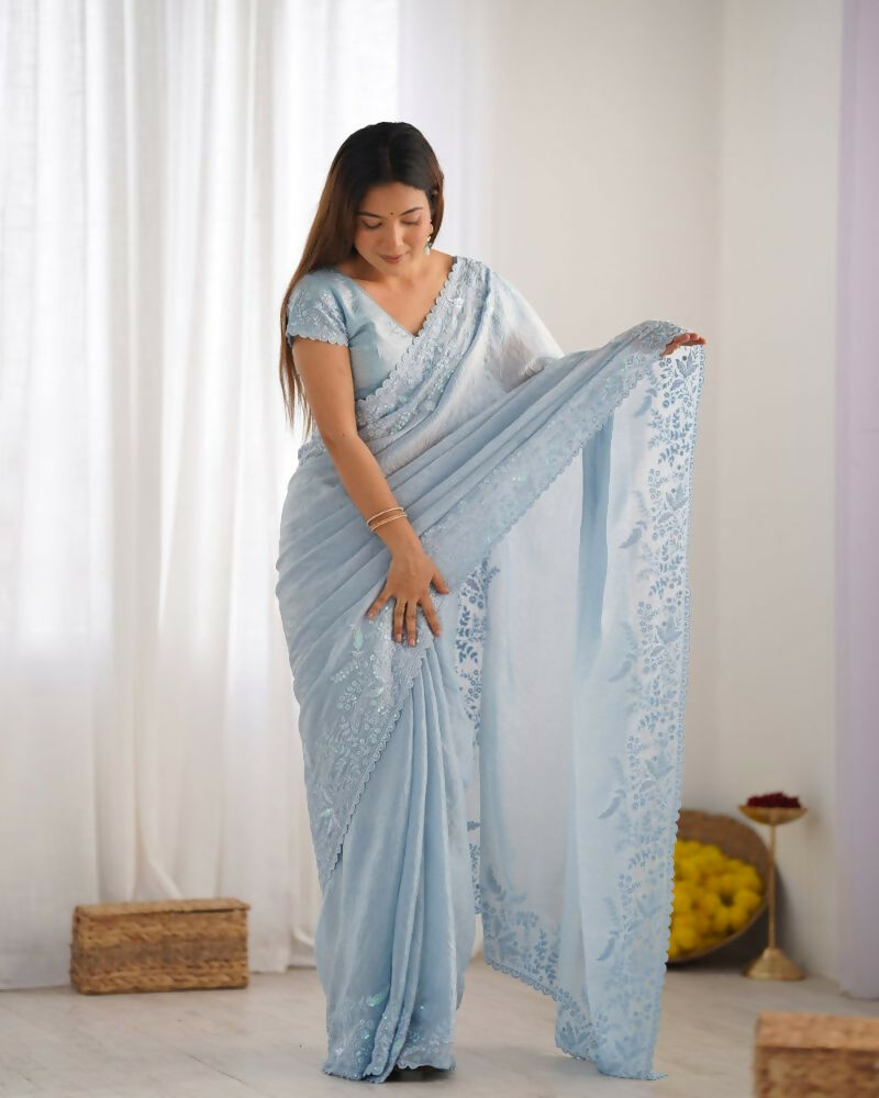 Vamsee Onam Sky Crushed Fandy Tissue Silk Saree | Grocsy