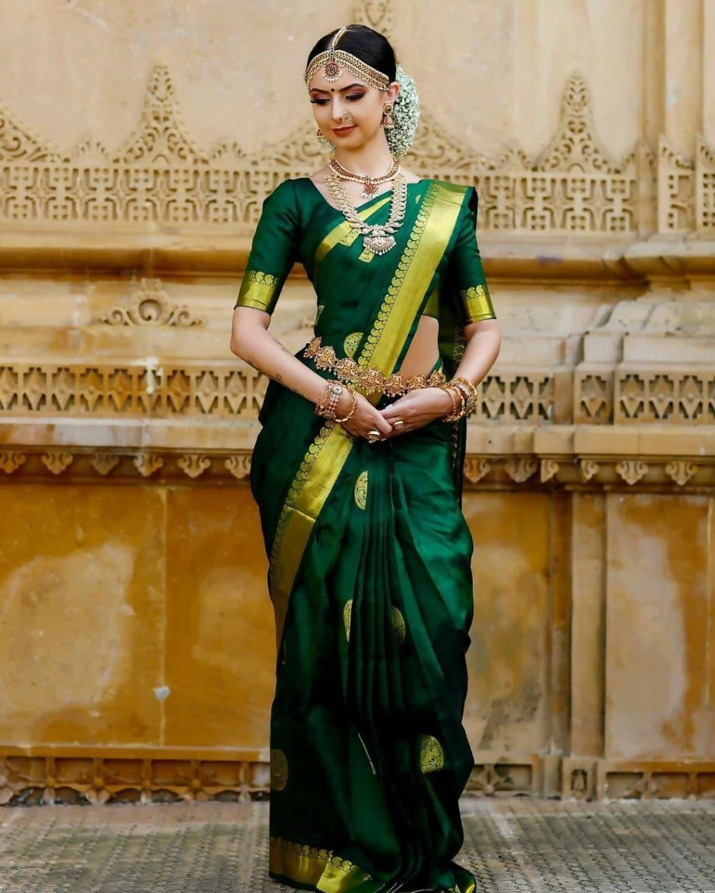 DEIANA'S Beautiful Designer Golden zari Soft Lichi Silk Saree - Green | Grocsy