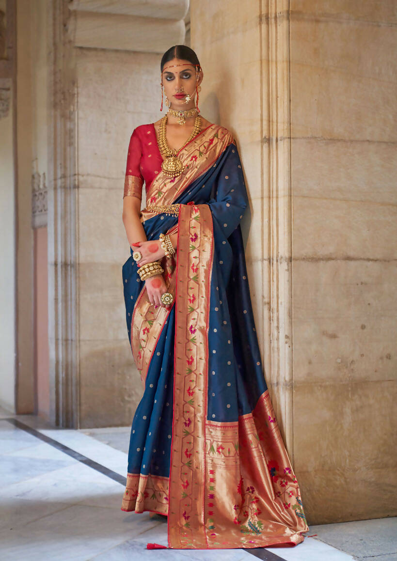 Navu Blue Soft V.P. Silk Magnum Finish, Weaving, Golden Zari Paithani Silk Saree - Rath Kadampalli | Grocsy