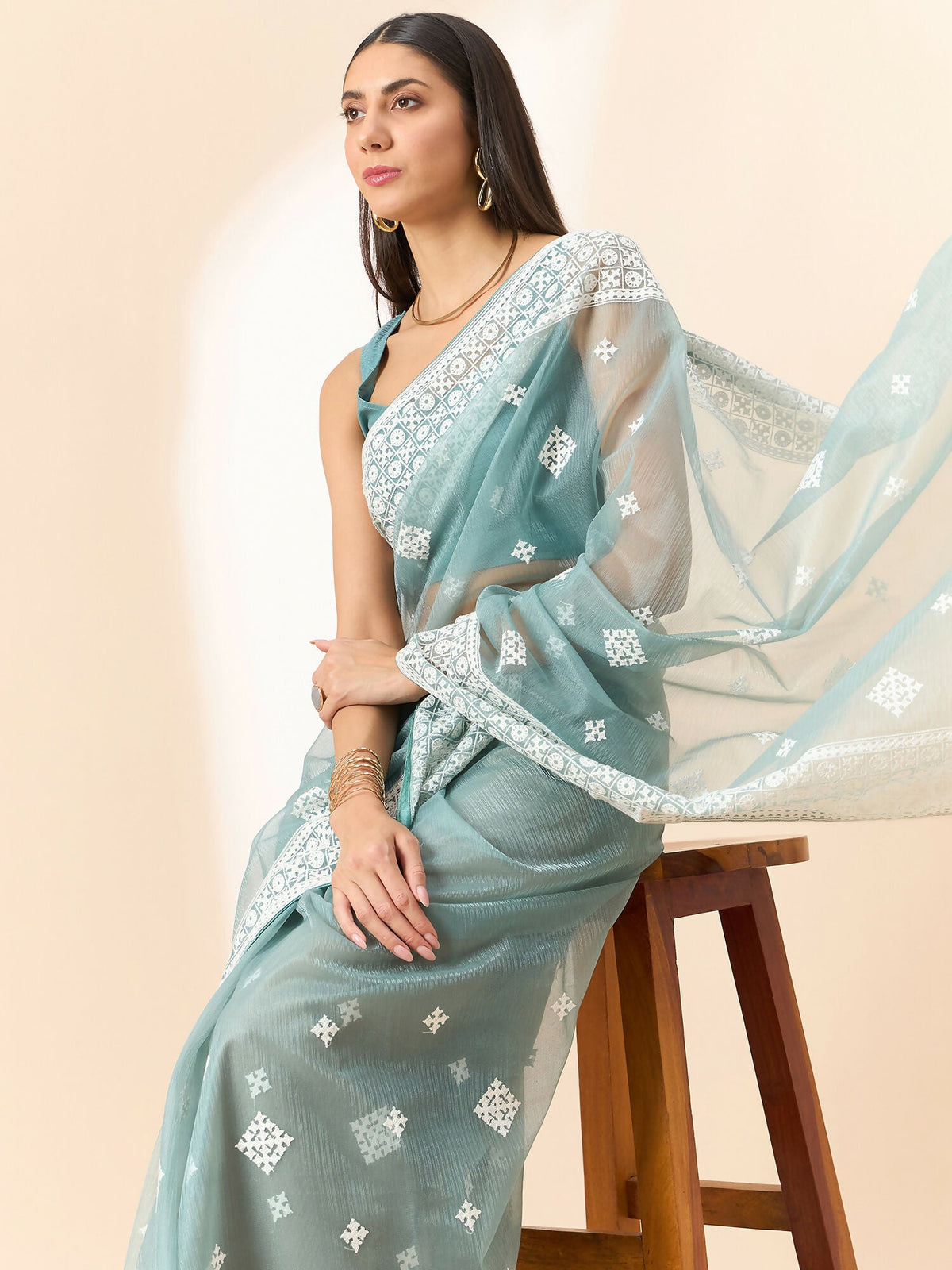 Blue Organza Geometric Embroidered Saree with Unstitched Blouse Piece - Roozal | Grocsy