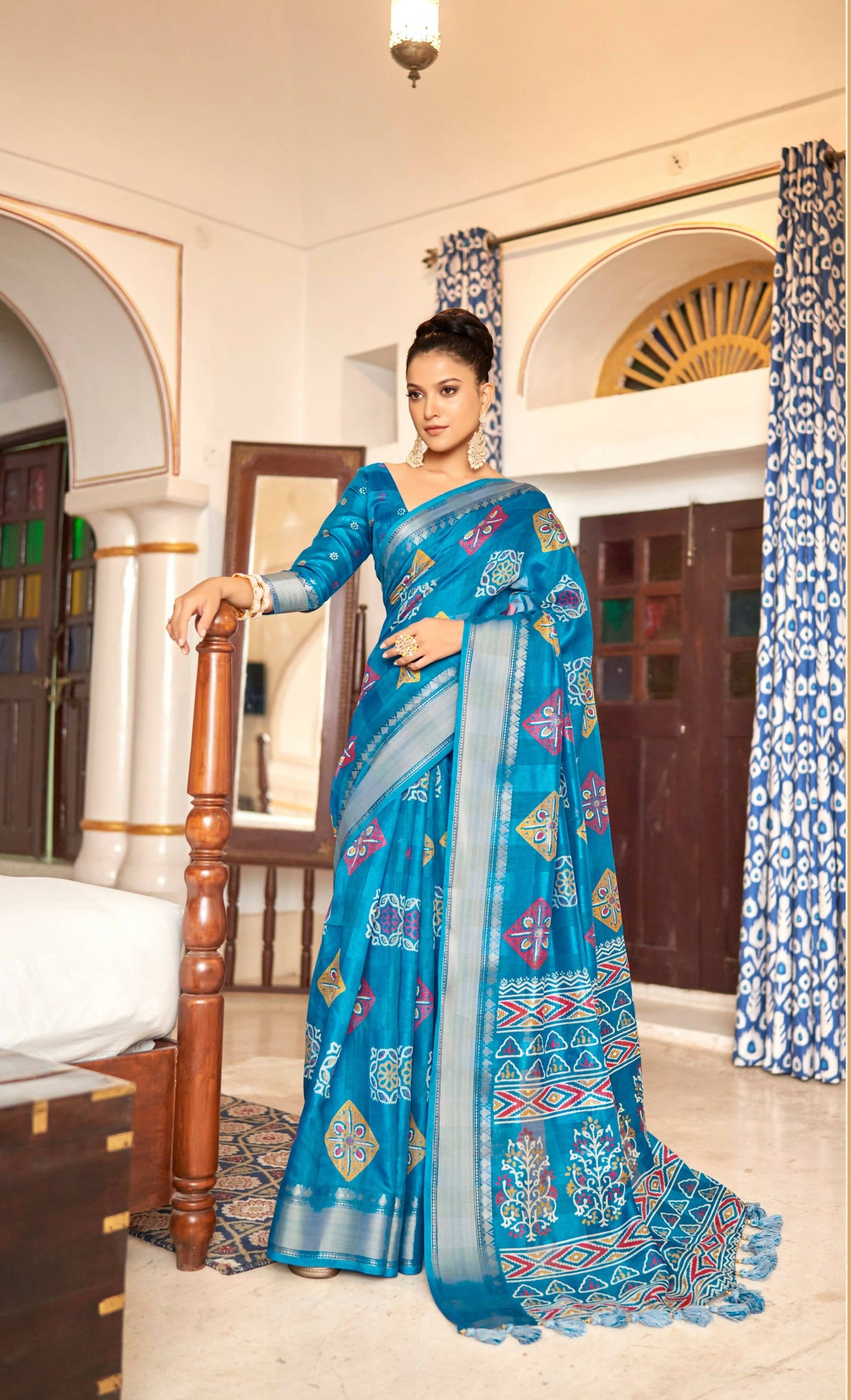 Sky Blue Patta Poly Cotton Geometrical Printed Saree With Unstitched Blouse Piece - Shades | Grocsy