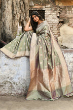 Joban Fashion Pea Green Pure Katan Pure Handloom Banarasi Silk Saree | Grocsy