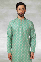 Raivat Ethnic Cotton Printed Work Kurta Pajama In Green Colour | Grocsy