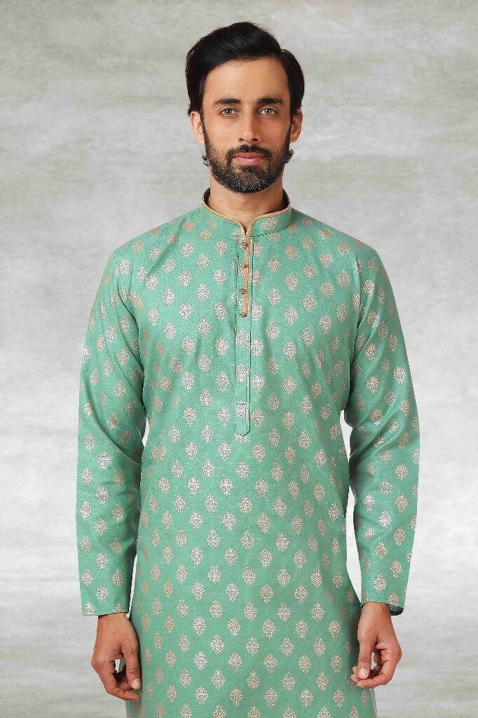 Raivat Ethnic Cotton Printed Work Kurta Pajama In Green Colour | Grocsy