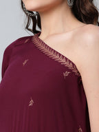 Ahalyaa Women Burgundy & Gold-Toned Ethnic Motifs One Shoulder Ethnic Maxi Dress | Grocsy