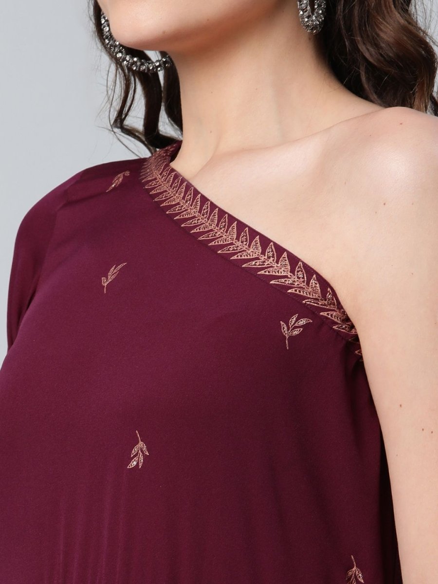 Ahalyaa Women Burgundy & Gold-Toned Ethnic Motifs One Shoulder Ethnic Maxi Dress | Grocsy