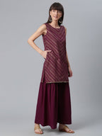 Ahalyaa Wine Crepe Glitter Print Kurta with Sharara and dupatta Set | Grocsy