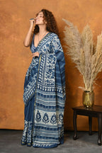 Very Much Indian Handblock Printed Cotton Saree With Natural Dyes - Blue | Grocsy