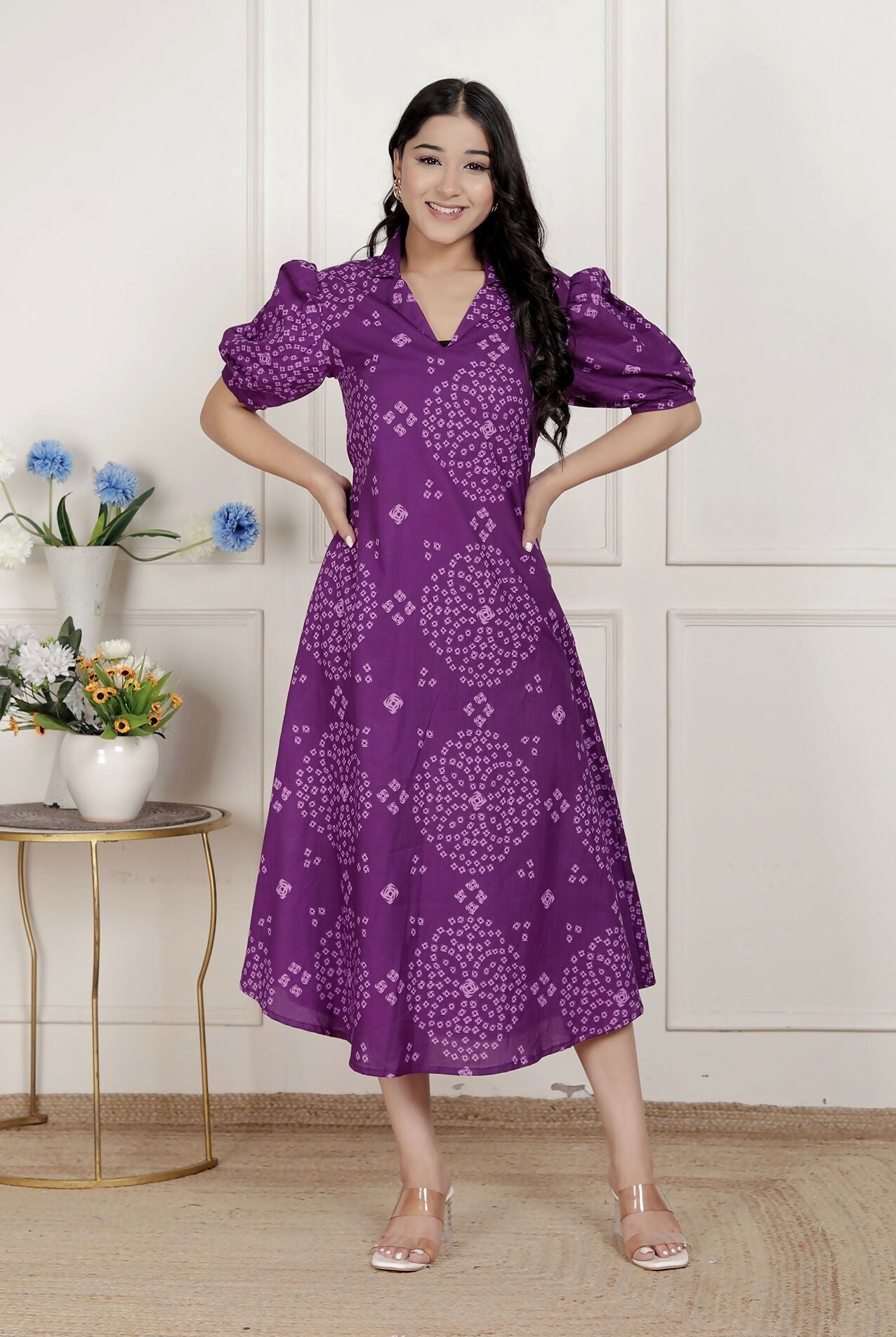 Miravan Womens Purple Bandhani Printed A-Line Maxi Dress | Grocsy
