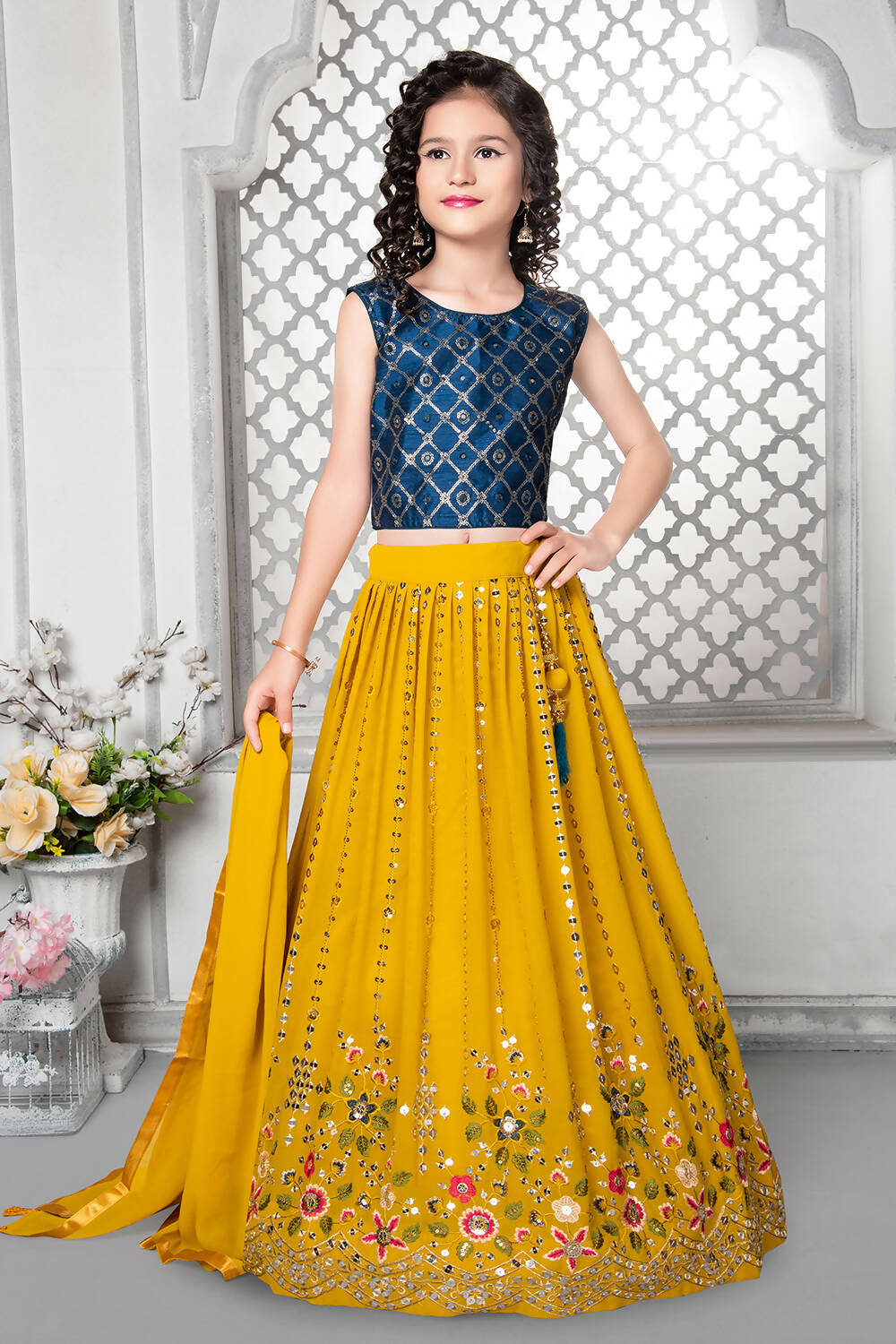 Kids Wedding Designer Yellow Fox Georgette Lehenga Choli - Aaradhna | Grocsy