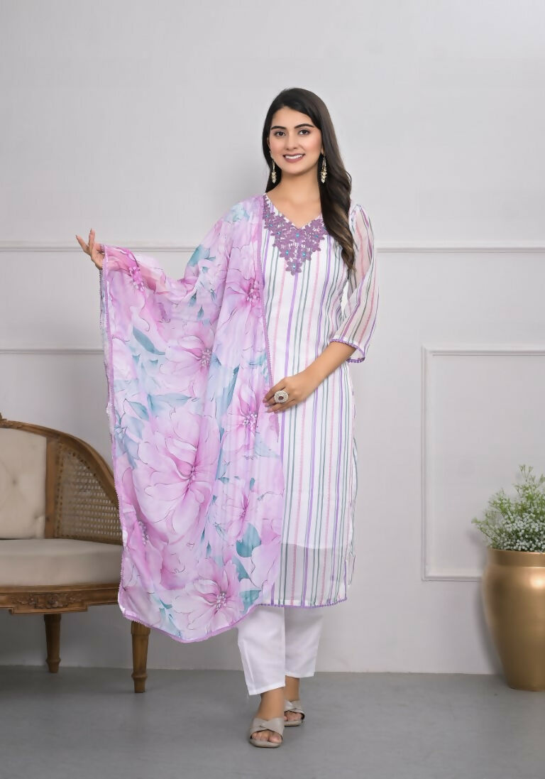 White Viscose Silk Embroidery with Thread and sequence Stitched Suit With Dupatta - Tanisha | Grocsy