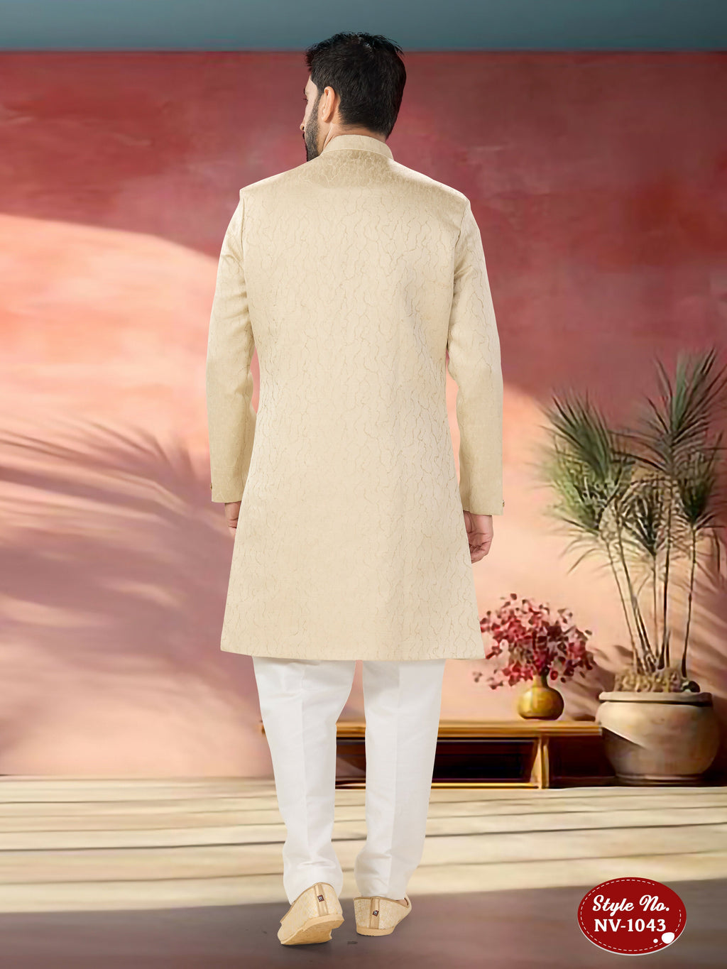 Joban Fashion Men's Beige Straight Swed Velvet Self-Design In Fabric Indo-Western Kurta Set | Grocsy