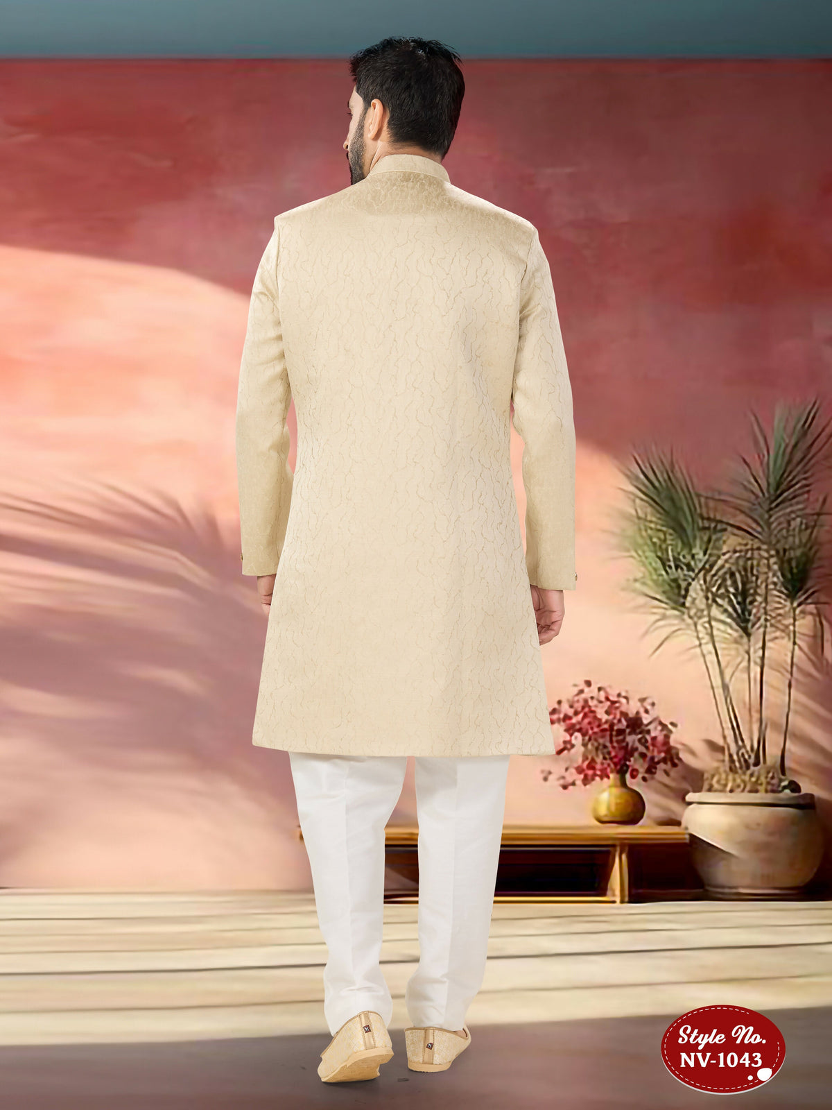 Joban Fashion Men's Beige Straight Swed Velvet Self-Design In Fabric Indo-Western Kurta Set | Grocsy