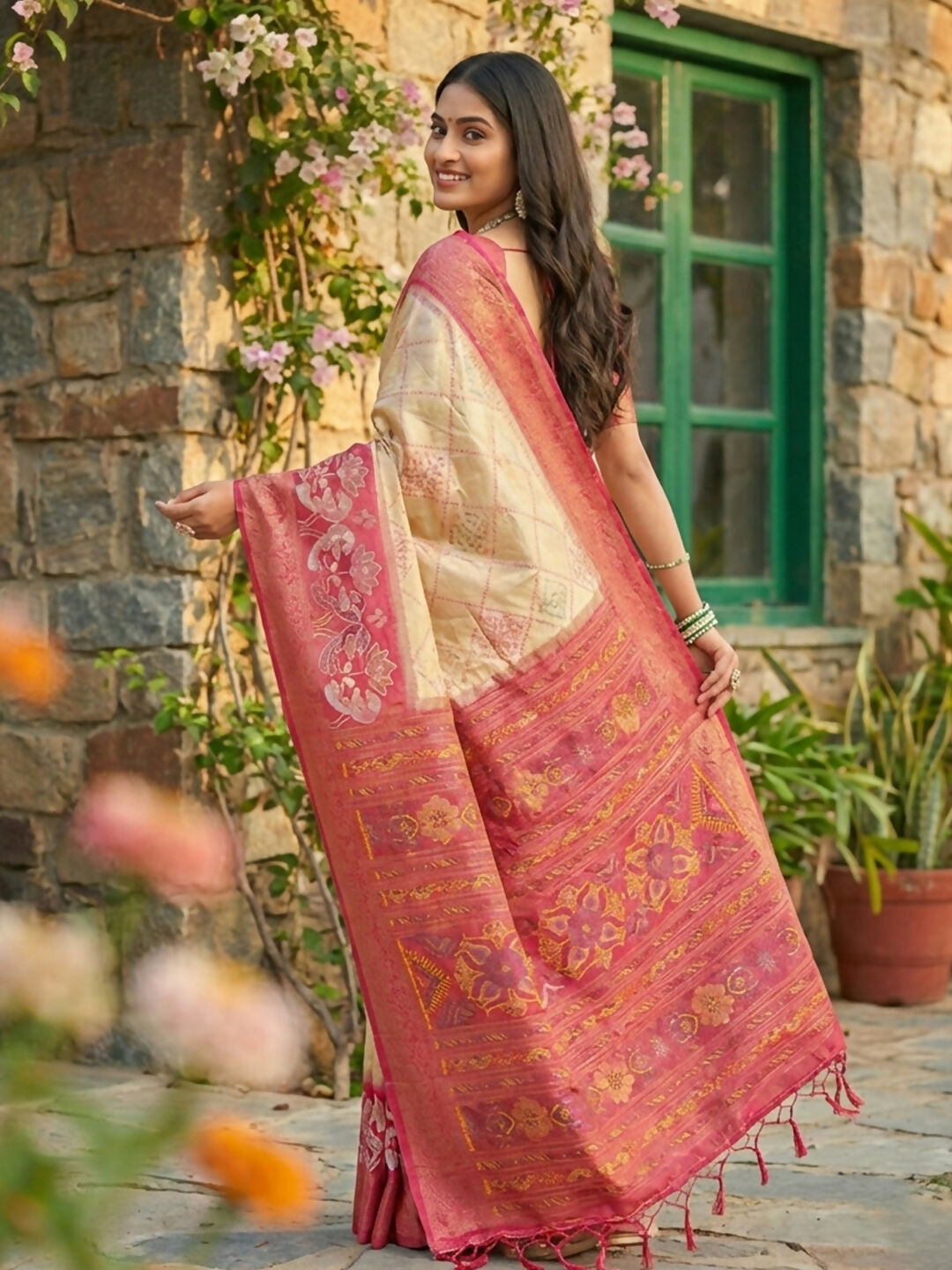 Shree Shyam Fashion Cream Pochampally Silk Saree | Grocsy