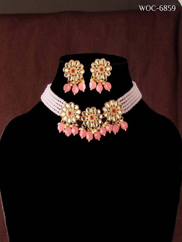 Mominos Fashion Johar Kamal Women's Pink Beads Pearls Gold-Polished Jewellery Set | Grocsy