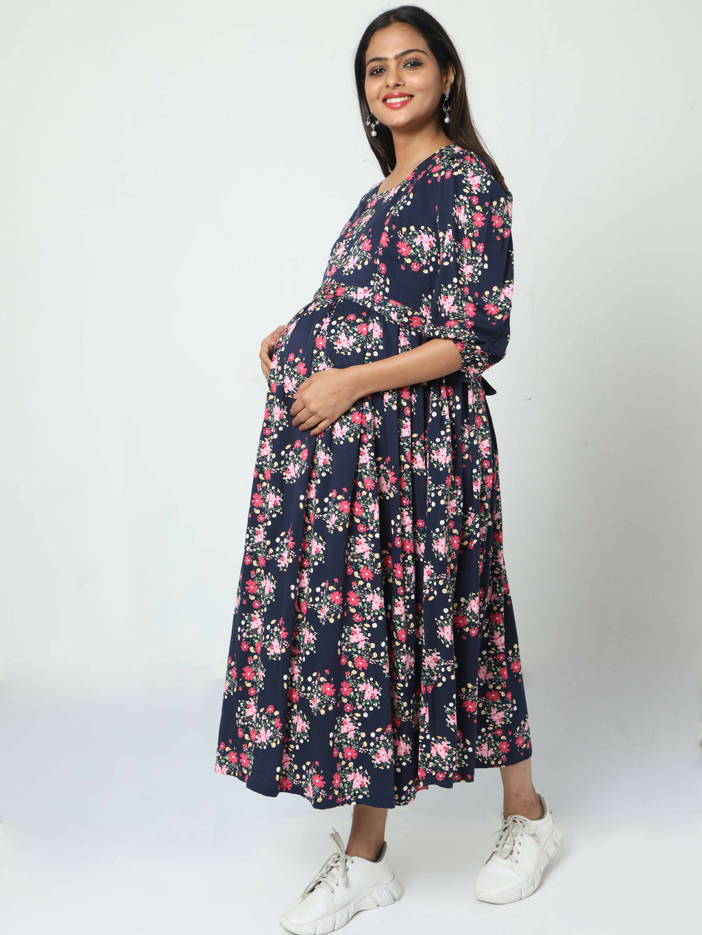 Manet Three Fourth Maternity Dress Floral Print With Concealed Zipper Nursing Access - Navy Blue | Grocsy