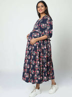 Manet Three Fourth Maternity Dress Floral Print With Concealed Zipper Nursing Access - Navy Blue | Grocsy