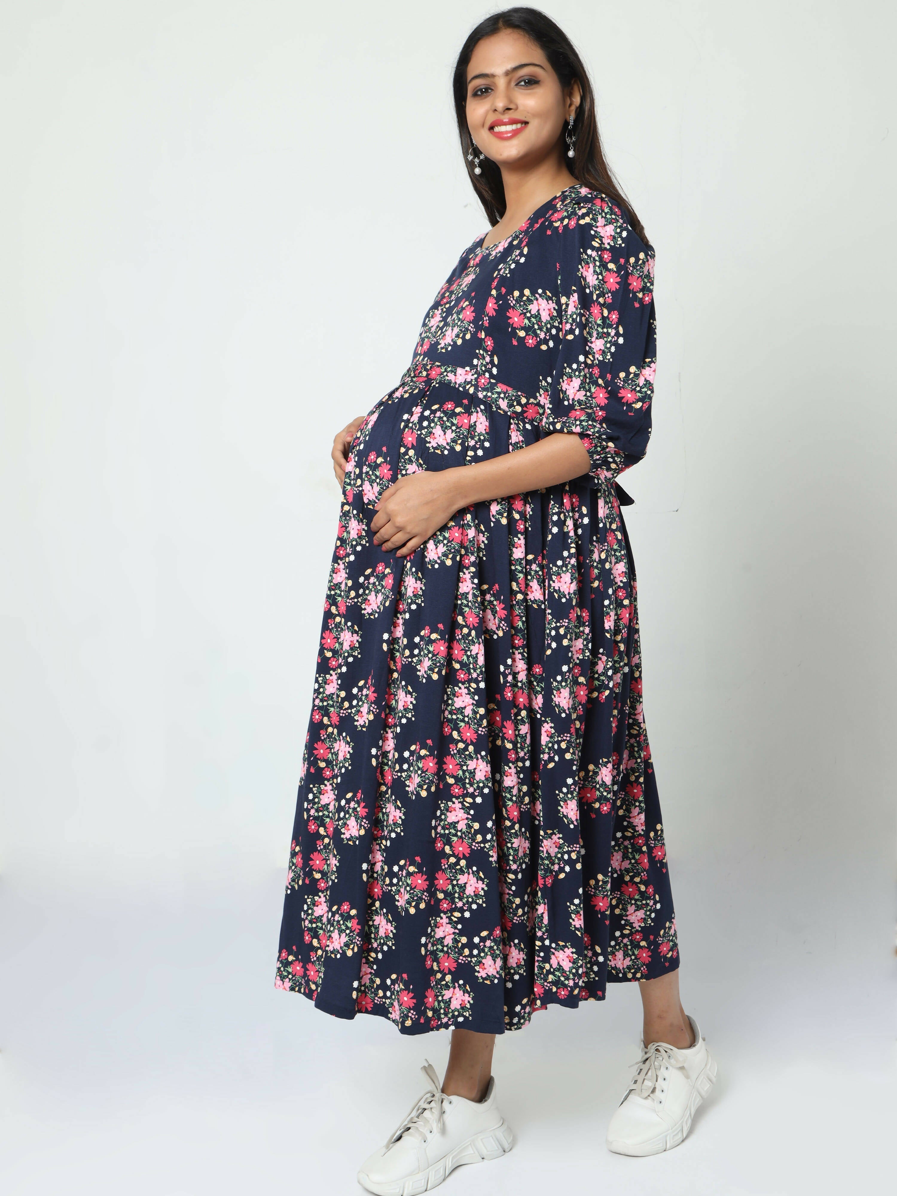 Manet Three Fourth Maternity Dress Floral Print With Concealed Zipper Nursing Access - Navy Blue | Grocsy