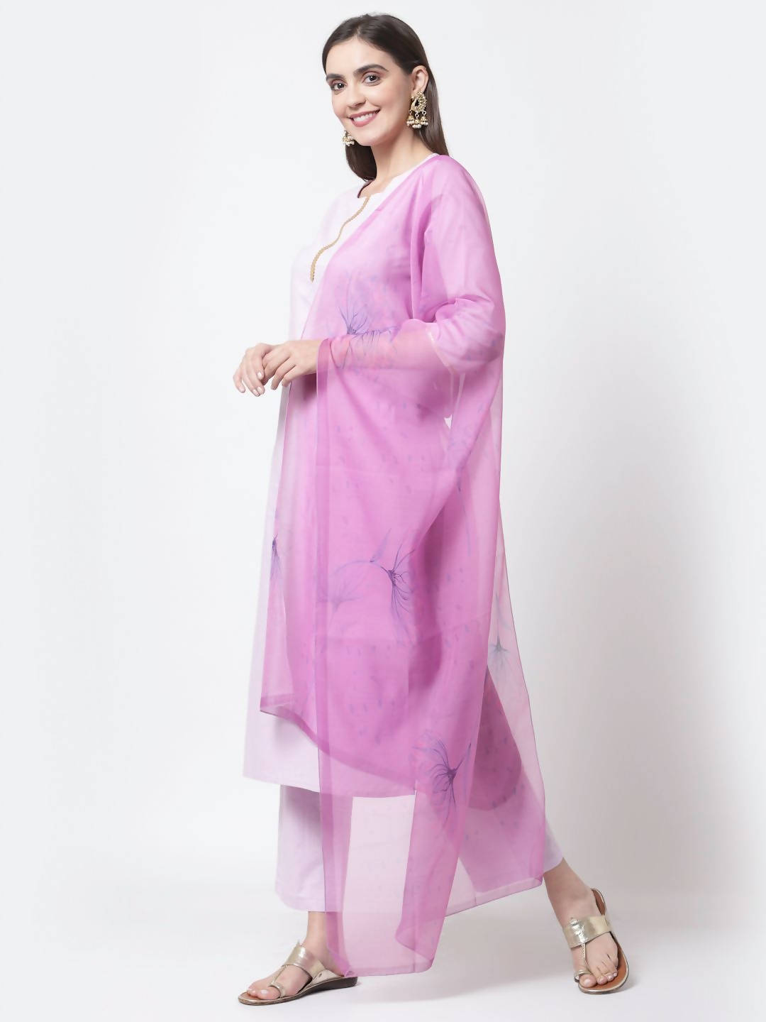 Myshka Light Purple Cotton Solid 3/4 Sleeve Round Neck Casual Kurta Pant Dupatta Set | Grocsy