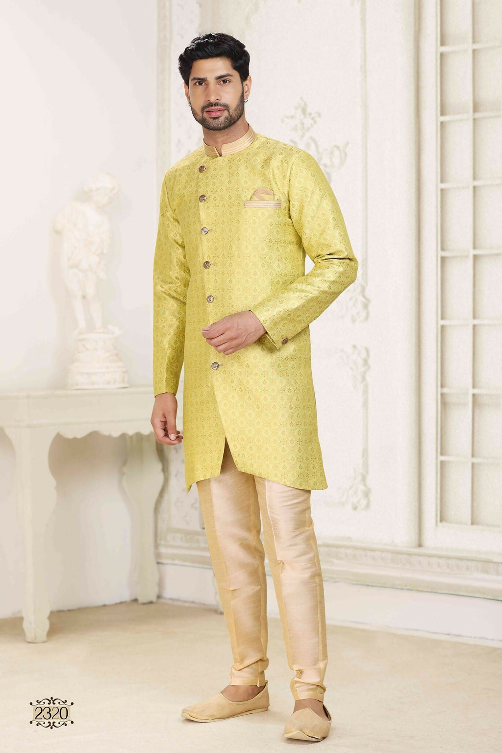 Raivat Ethnic Banarasi Jacquard Embroidery Semi Indo Western Sherwani In Lemon Yellow Colour | Grocsy