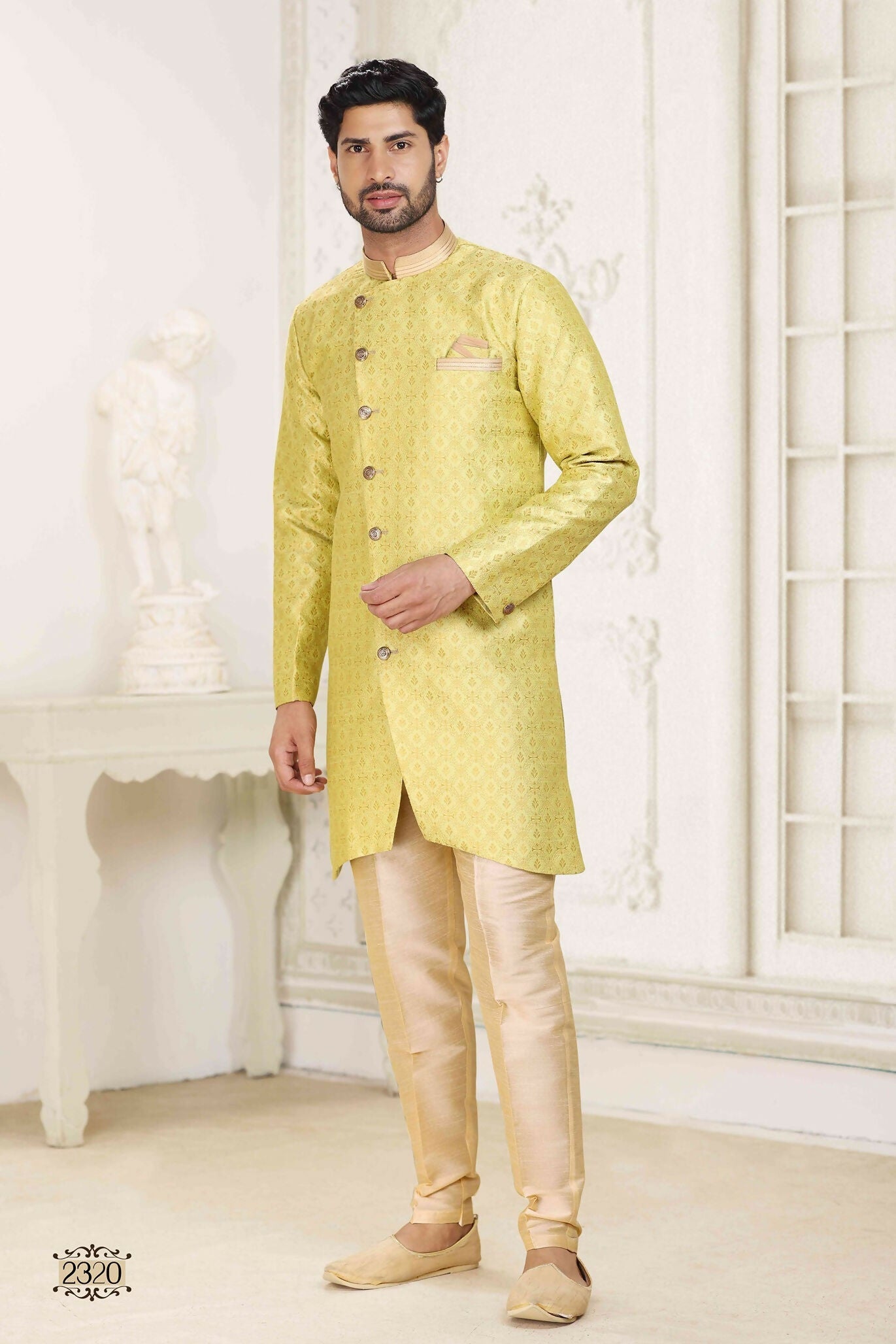 Raivat Ethnic Banarasi Jacquard Embroidery Semi Indo Western Sherwani In Lemon Yellow Colour | Grocsy