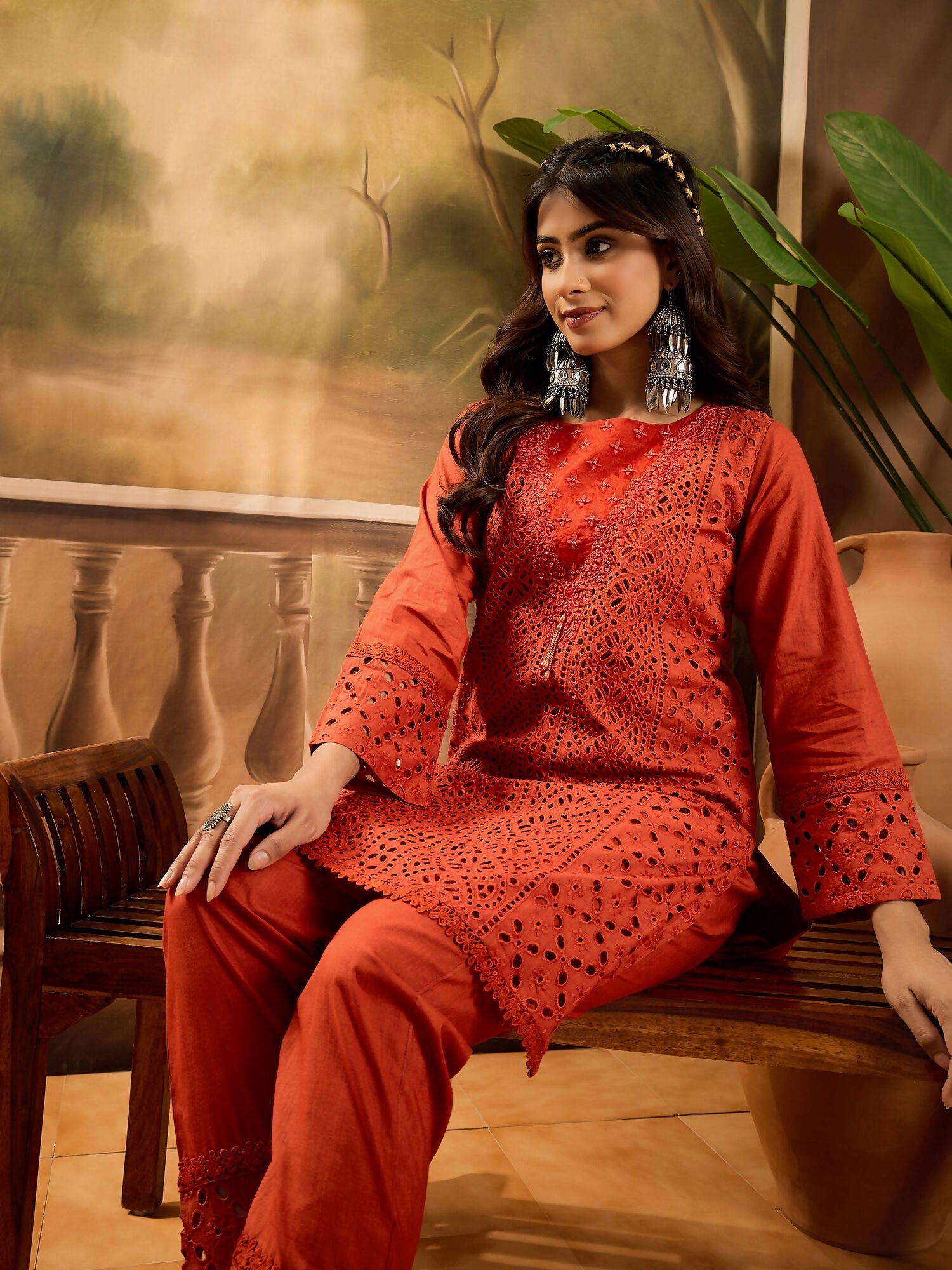 Joban Fashion Embroidery Rust Pure Cotton Cord Set | Grocsy
