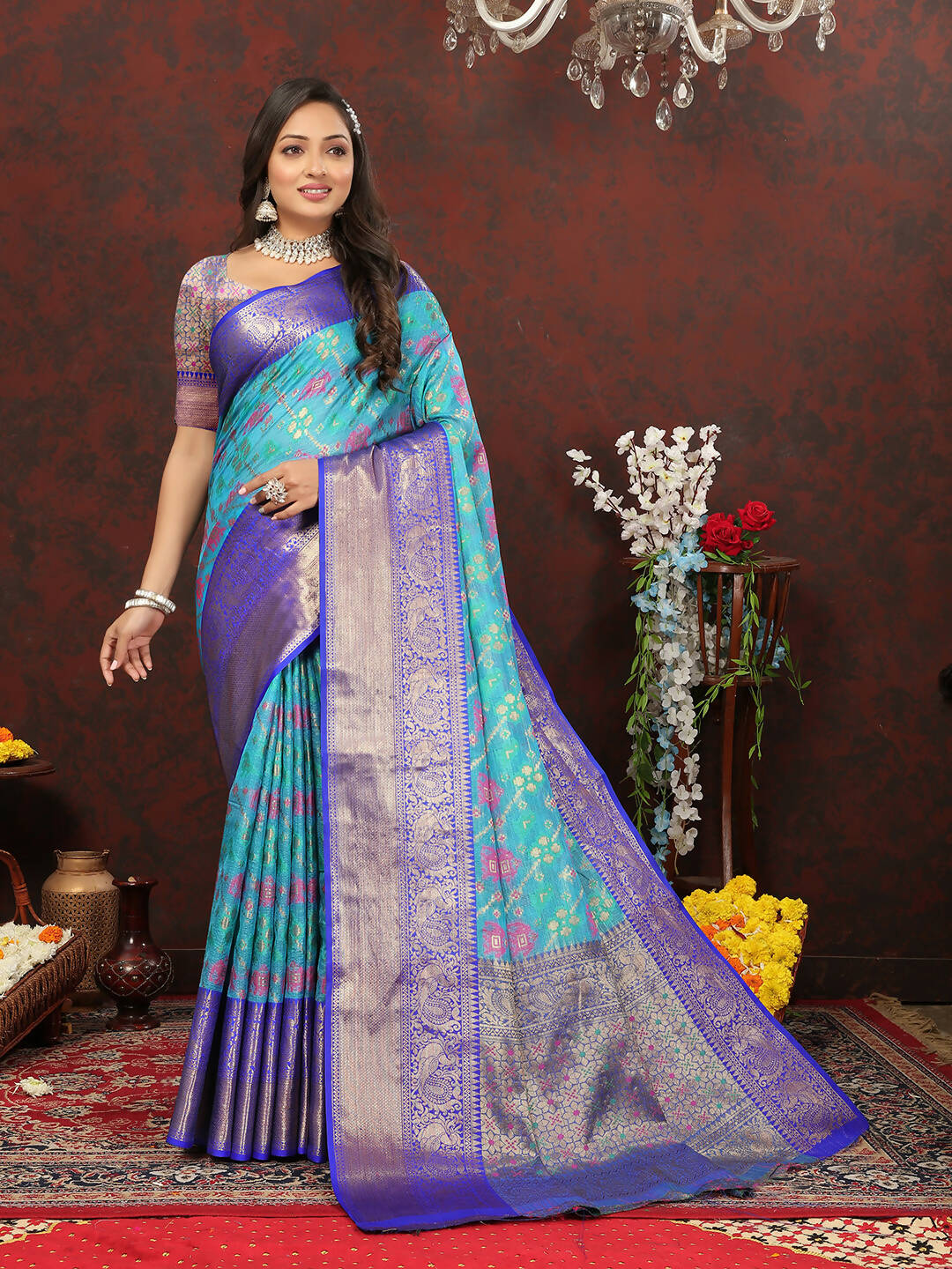 Lorenvalley Fashion Skyblue Cotton Woven Design Zari Meenakari Weaving Saree | Grocsy