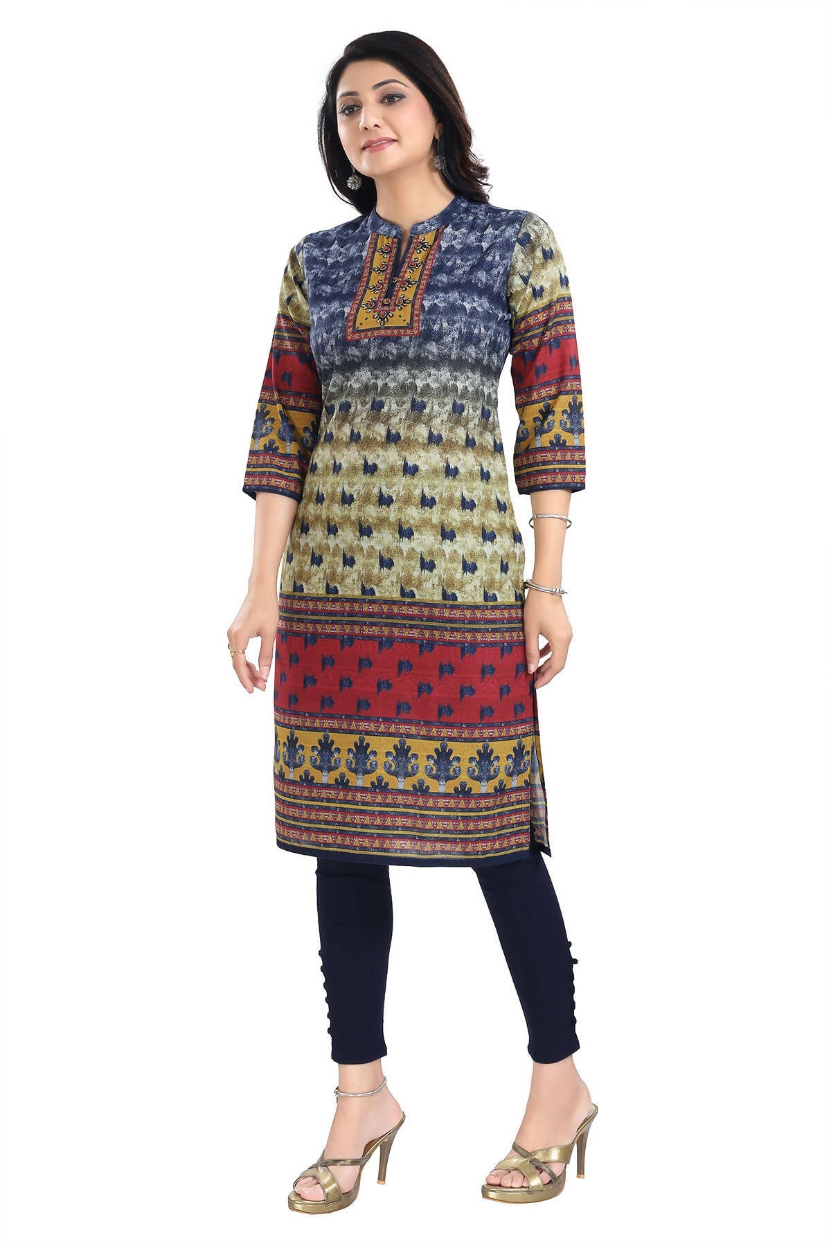 Snehal Creations Multicolored Designer Digital Print Cotton Slub Fabric Long Kurti Tunic | Grocsy
