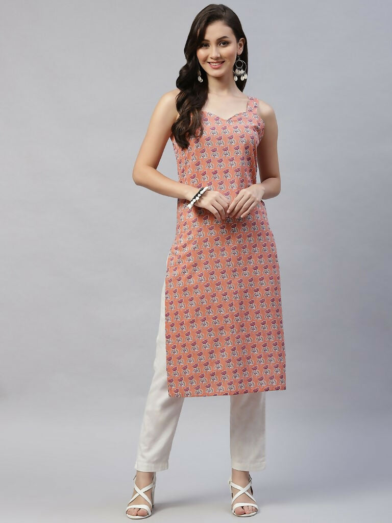 Miravan Women's Floral Printed Strappy Peach Straight Kurta | Grocsy