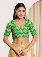 Joban Fashion Parrot Green Chiffon Padded Blouse With Square Neck Elbow Sleeves | Grocsy