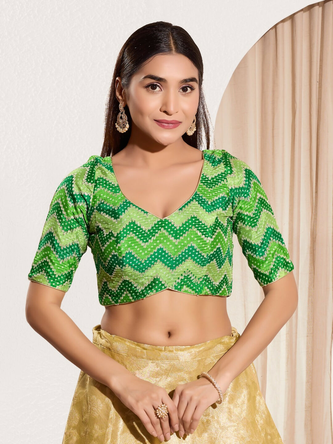 Joban Fashion Parrot Green Chiffon Padded Blouse With Square Neck Elbow Sleeves | Grocsy