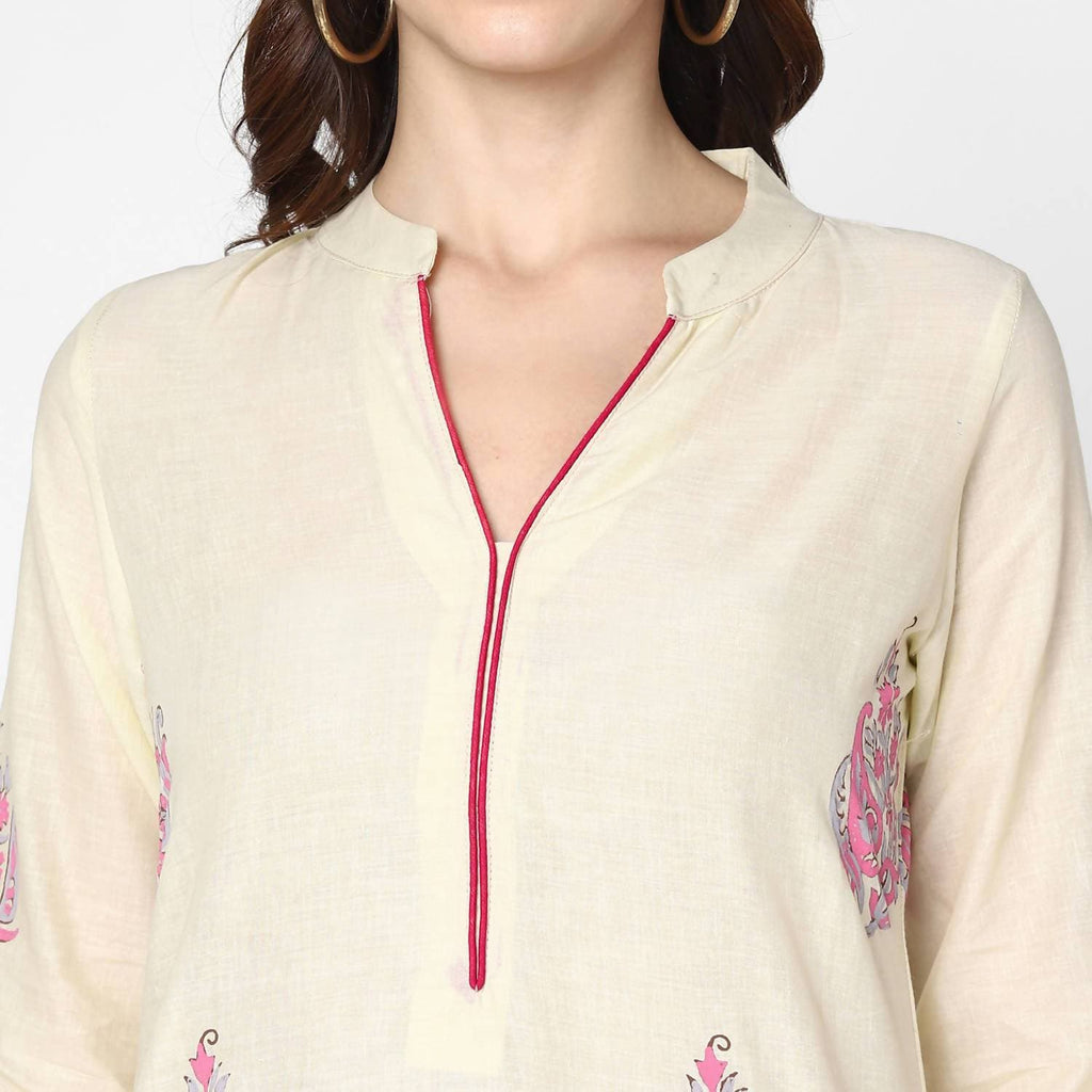 Cheera Hand Block Print Cream & Magenta Straight Kurta With Palazzo (MAAI-087K) | Grocsy