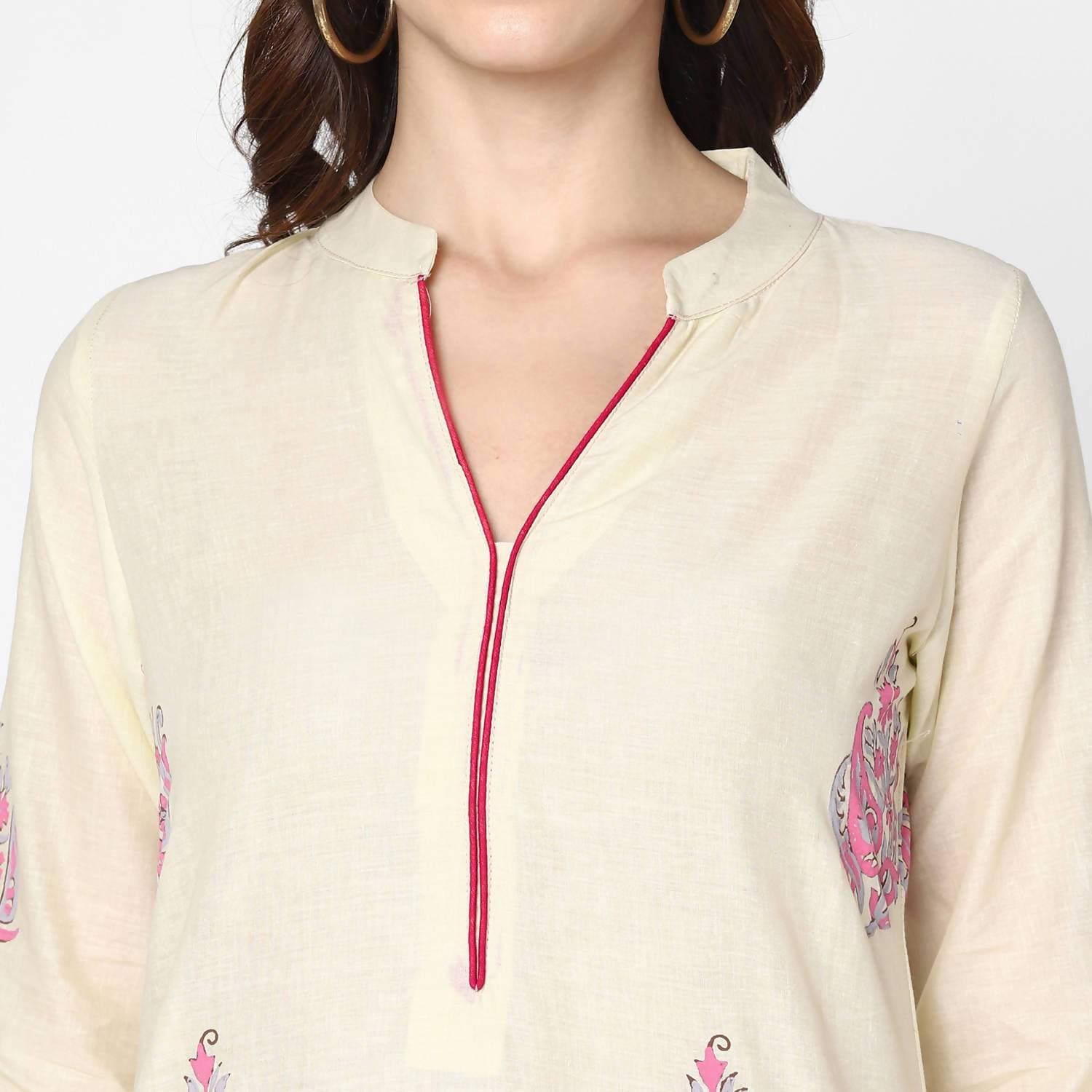 Cheera Hand Block Print Cream & Magenta Straight Kurta With Palazzo (MAAI-087K) | Grocsy